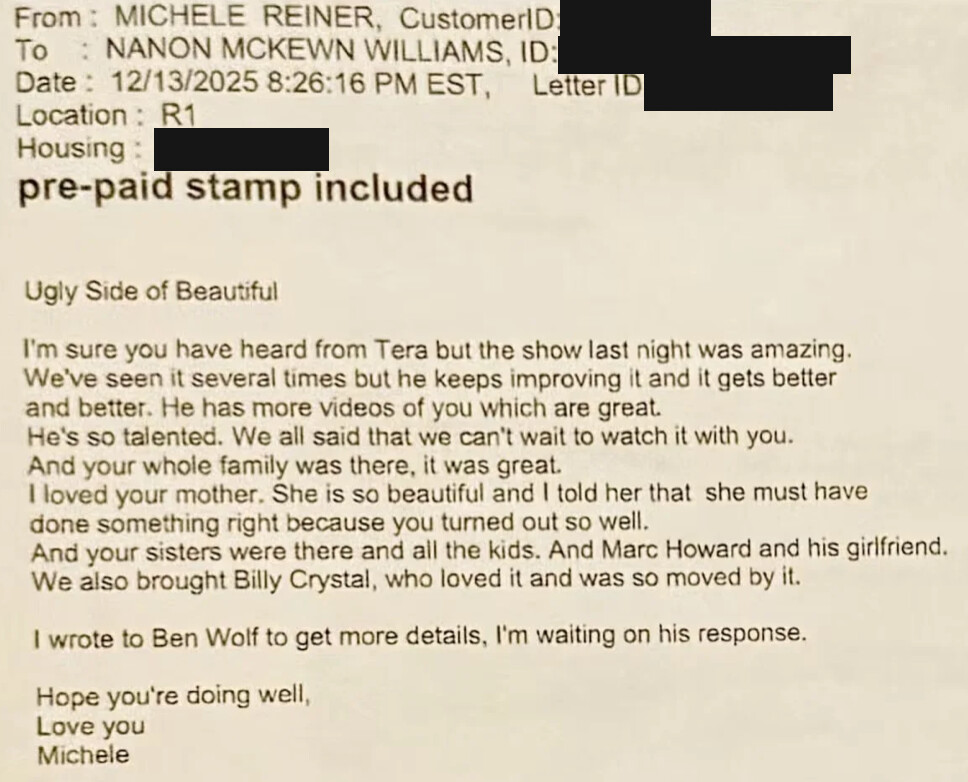 Printed message from Michele Reiner to Nanon, dated December 13, 2025. Identification numbers are redacted.