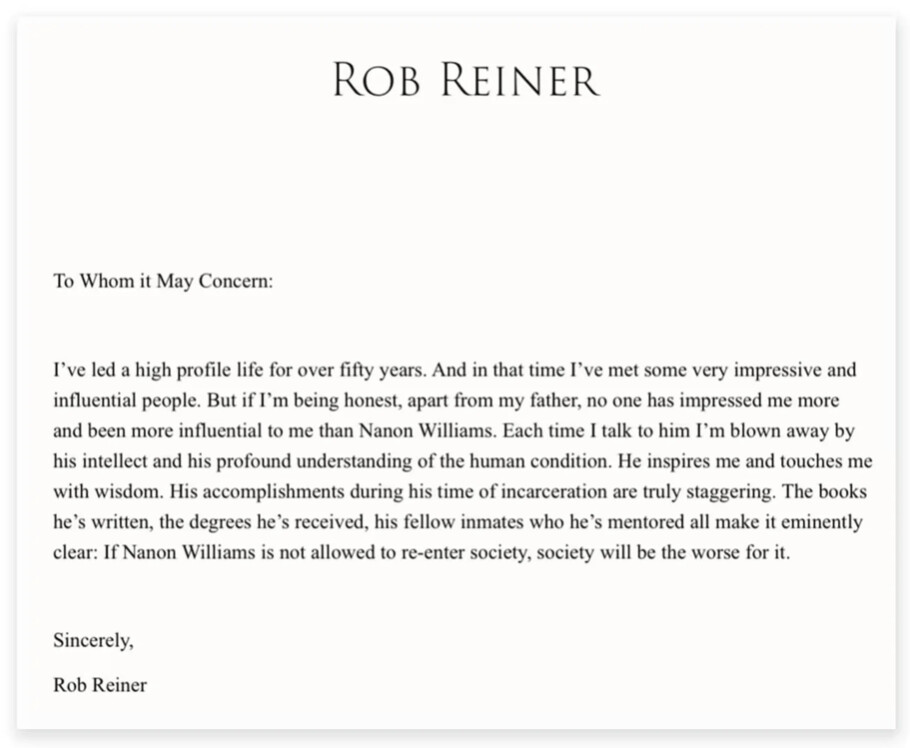 Letter of support for Nanon Williams from Rob Reiner.